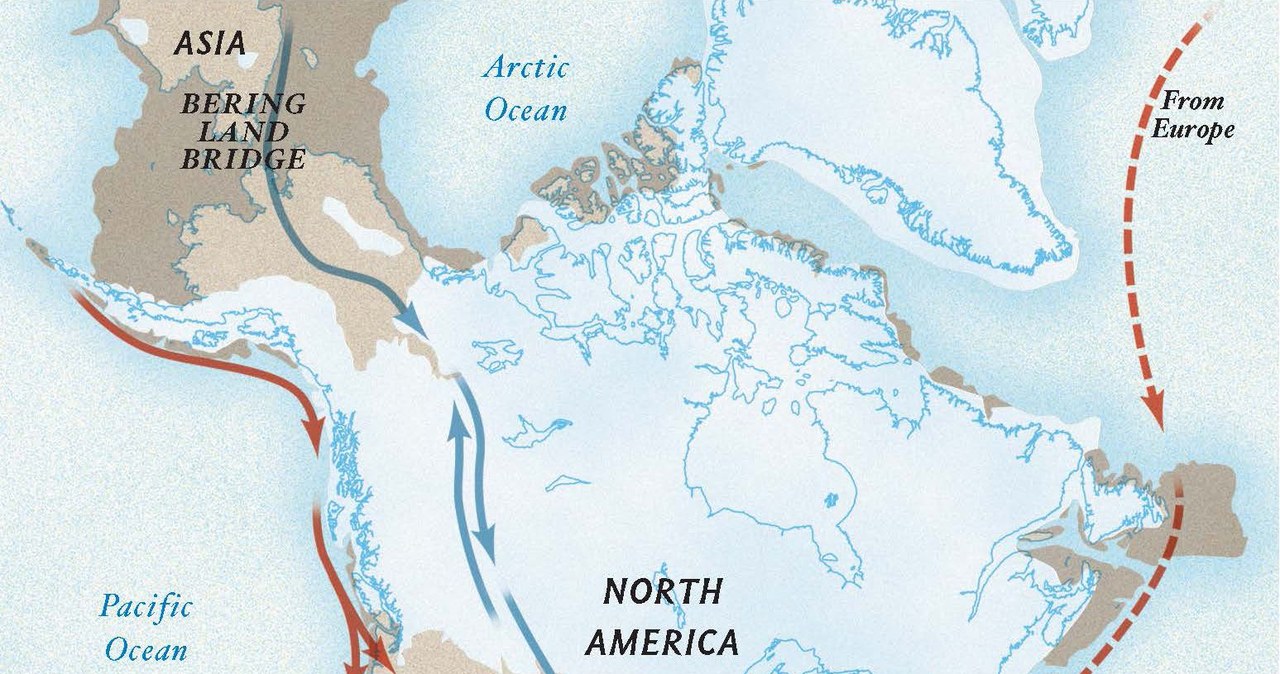 Obszar jaki zajmował lądolód w Ameryce Północnej kilkanaście tysięcy lat temu /Bering Land Bridge National Geographic Society /materiały prasowe