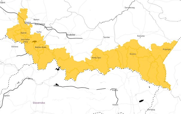 Obszar objęty ostrzeżeniem o silnym wietrze / meteo.imgw.pl /