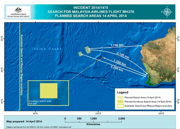 Obszar poszukiwań zaginionego Boeinga 777 /AMSA /PAP/EPA