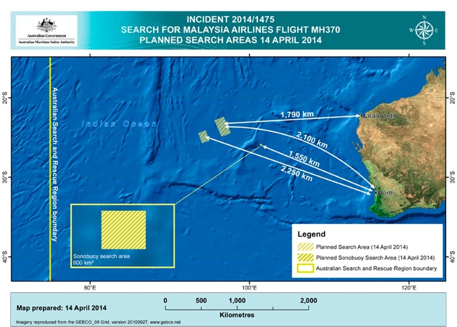 Obszar poszukiwań zaginionego Boeinga 777 /AMSA /PAP/EPA