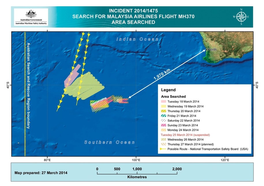 Obszar poszukiwań zaginionego samolotu /AMSA /PAP/EPA