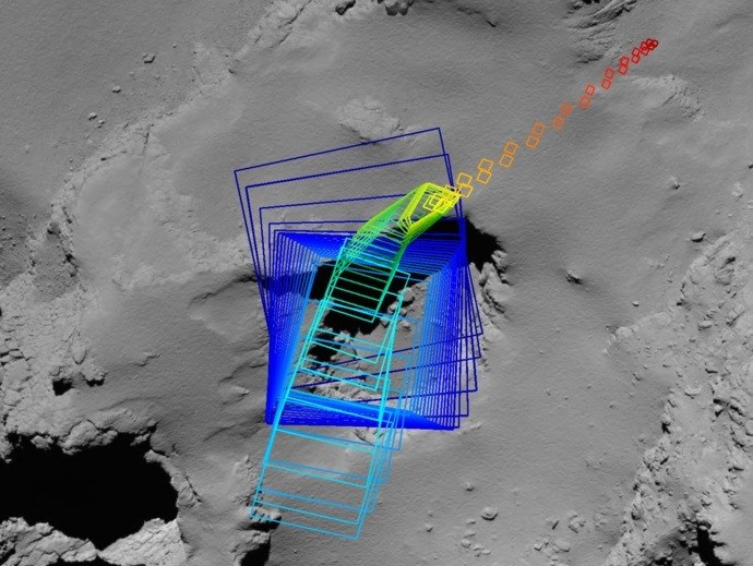 Obszar widoczny na kolejnych (od niebieskiego do czerwonego) zdjęciach, wykonanych podczas ostateniego manewru sondy Rosetta /materiały prasowe
