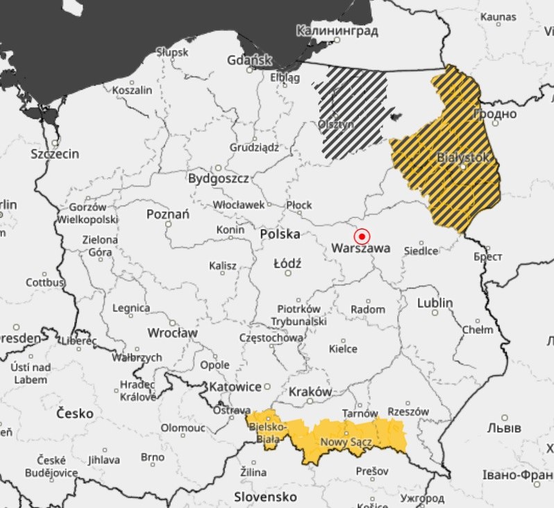 Obszary objęte alertami IMGW. Na południu śnieg, na północnym-wschodzie oblodzenia / meteo.imgw.pl /