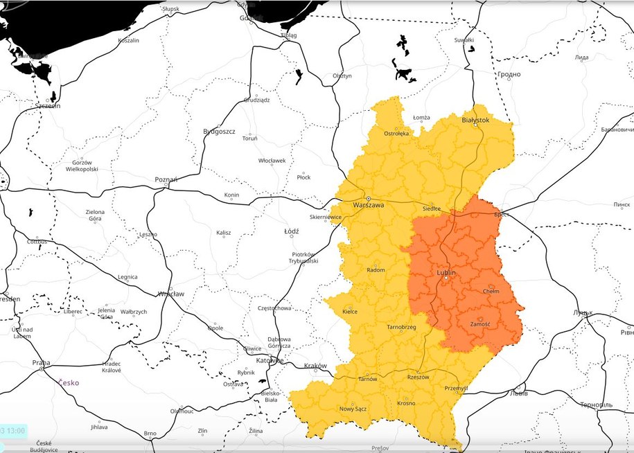 Obszary objęte ostrzeżeniami IMGW /meteo.imgw.pl/ /