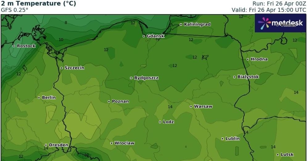 Ocieplenie dociera do Polski. W ciągu dnia na południu będzie do 17 stopni Celsjusza /wxcharts /