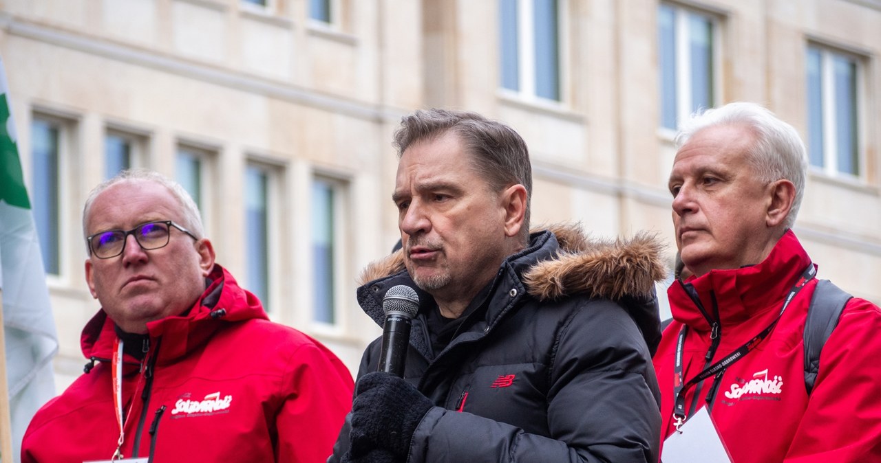 Od lewej: Dariusz Gierek, zastępca przewodniczącego Śląsko-Dąbrowskiej "Solidarności", Piotr Duda, szef "Solidarności", Dominik Kolorz, przewodniczący Ślasko-Dąbrowskiej "Solidarności" /Paulina Błaziak /INTERIA.PL