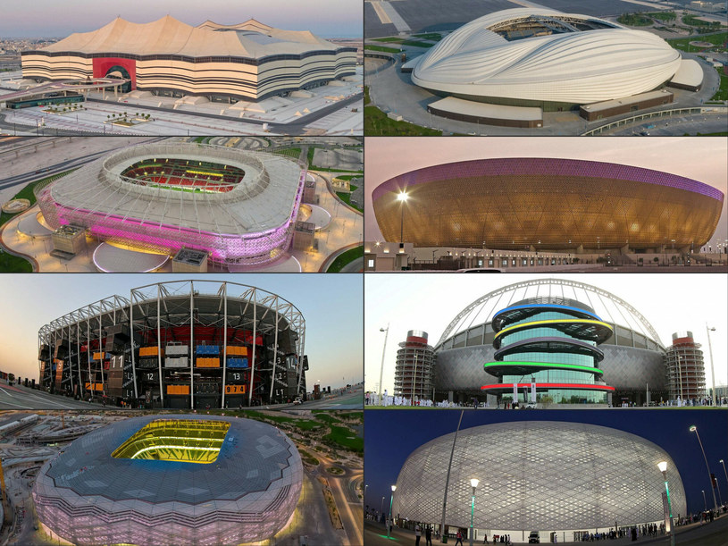 Od lewej do prawej: Stadion Al-Bayt w al-Khor 26 sierpnia 2020 r.; stadion Al-Janoub w stolicy Kataru Doha, 20 listopada 2020 r.; stadion Ahmad Bin Ali w katarskim mieście Ar-Rayyan, 22 listopada 2021 r.; stadion Lusail na obrzeżach Doha, 2 września 2022 r.; stadion 974 w Doha, 7 grudnia 2021 r.; Khalifa International Stadium w Doha, 19 maja 2017 r.; Education City Stadium w mieście al-Rayyan, 29 kwietnia 2020 r.; oraz stadion Al-Thumama w Doha 22 października 2021 r.