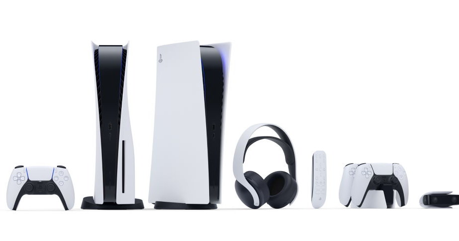 Od lewej: DualSense, PlayStation 5, PlayStation 5 Digital Edition, PULSE 3D, Media Remote, Stacja ładująca, HD Camera /materiały prasowe