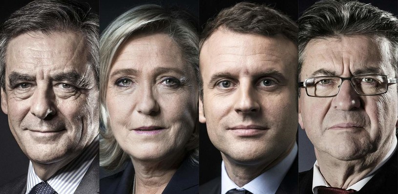 Od lewej Francois Fillon, Marine Le Pen, Emmanuel Macron oraz Jean-Luc Melenchon /AFP