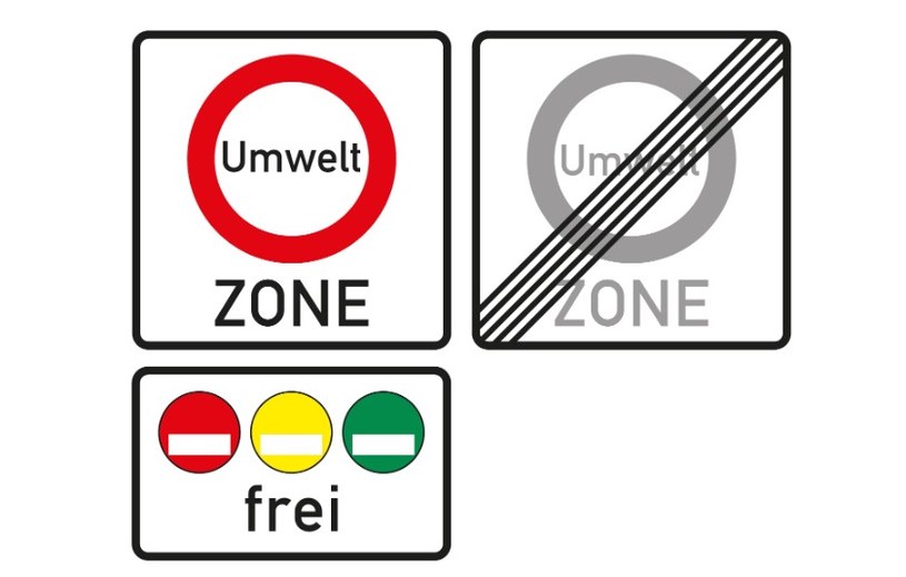 Od lewej: znak 270.1 (początek strefy), znak dodatkowy do 270.1 (pojazdy dopuszczone) i znak 270.2 (koniec strefy Umweltzone) /ADAC /materiał zewnętrzny