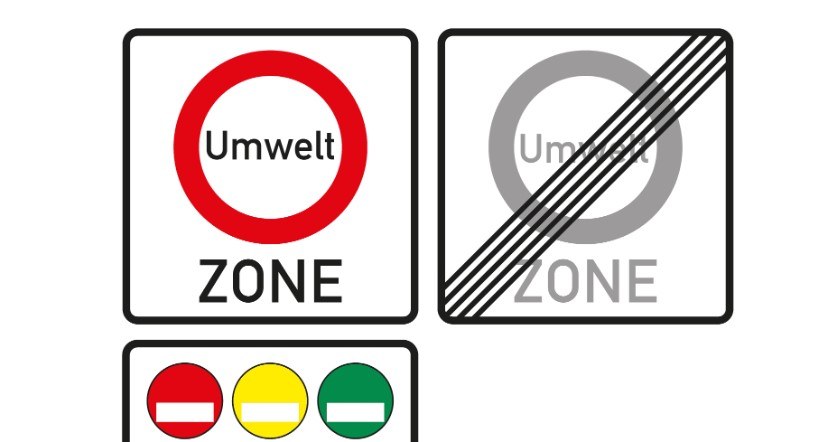 Od lewej: znak 270.1 (początek strefy), znak dodatkowy do 270.1 (pojazdy dopuszczone) i znak 270.2 (koniec strefy Umweltzone) /ADAC /materiał zewnętrzny