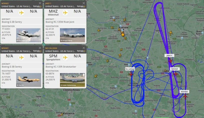 Od niedzieli wieczór nad Polską latają samoloty AWACS, czy powietrzne cysterny. Prawdopodobnie w powietrzu może być także samolot "dnia zagłady" / zdjęcie: Flightradar24 /domena publiczna