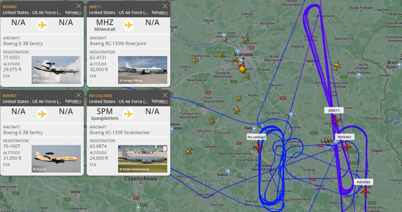 Od niedzieli wieczór nad Polską latają samoloty AWACS, czy powietrzne cysterny. Prawdopodobnie w powietrzu może być także samolot "dnia zagłady" / zdjęcie: Flightradar24 /domena publiczna