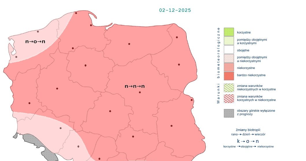 Od rana do wieczora niemal wszędzie pogoda będzie niekorzystnie wpływać na nasz organizm. Tylko lokalnie w ciągu dnia warunki będą obojętne /IMGW /