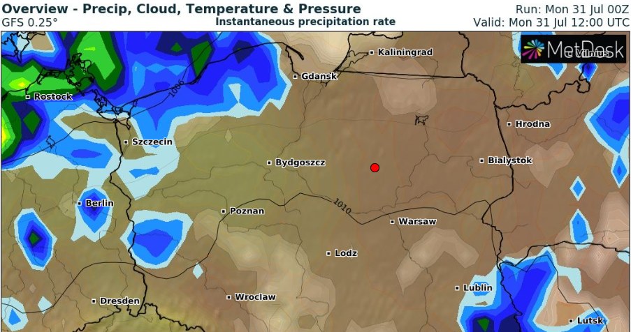 Od zachodu nadciąga front niosący intensywne deszcze. W ciągu dnia najmocniej padać będzie w zachodniej częsci Polski /wxcharts /