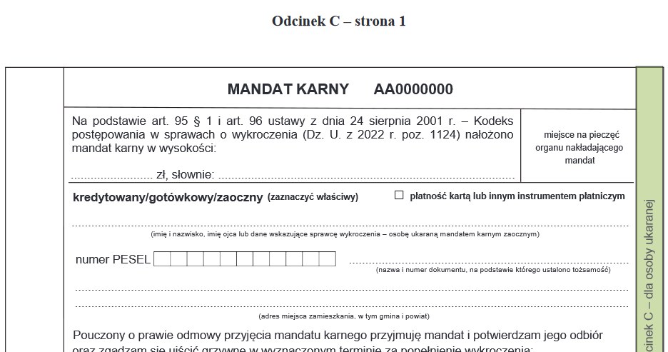 Odcinek C mandatu karnego dla kierowcy /