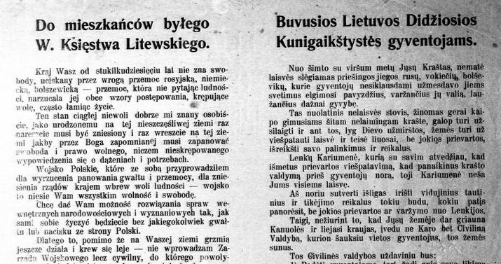 Odezwa Józefa Piłsudskiego "Do mieszkańców byłego Wielkiego Księstwaa Litewskiego" /INTERIA.PL