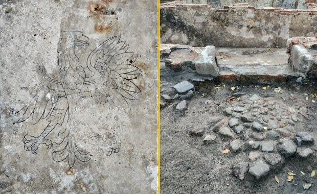 Odkrycie archeologiczne w Warszawie. Polskie godło na podłodze piwnicy