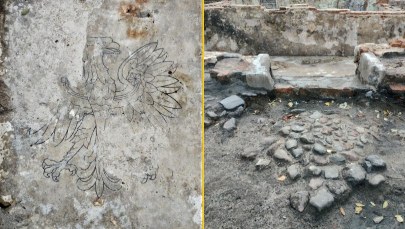 Odkrycie archeologiczne w Warszawie. Polskie godło na podłodze piwnicy