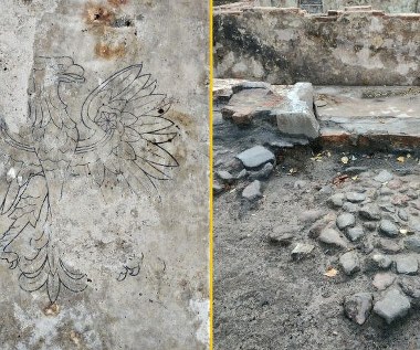 Odkrycie archeologiczne w Warszawie. Polskie godło na podłodze piwnicy