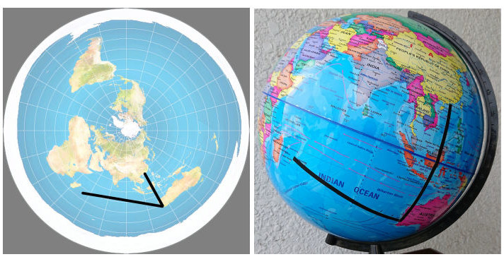 Odległość Perth-Mauritius w obu modelach, tj. płaskiej i kulistej Ziemi /Social Science Research Network /domena publiczna