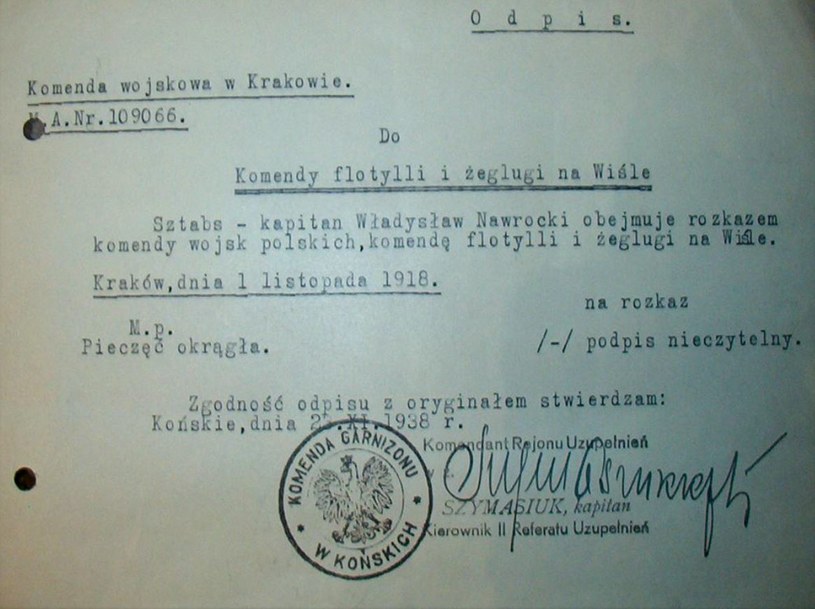 Odpis rozkazu, na podstawie którego kpt. Nawrocki objął dowództwo Flotylli Wiślanej /Muzeum Marynarki Wojennej /domena publiczna
