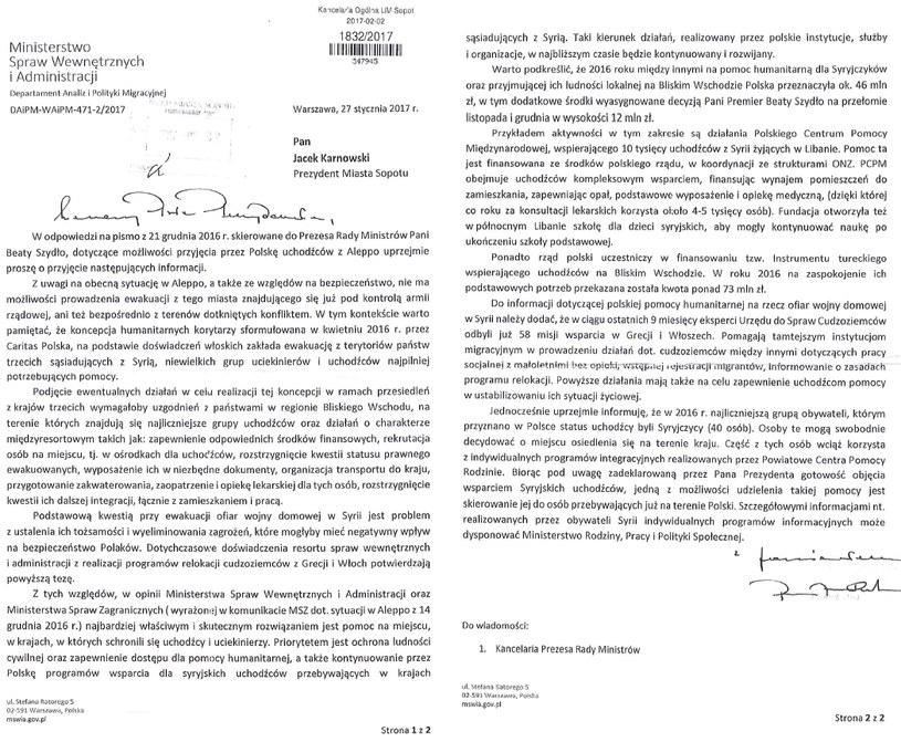 Odpowiedź MSWiA na pismo prezydenta Sopotu Jacka Karnowskiego skierowane do premier Beaty Szydło /
