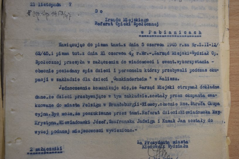 Gaukinderheim w Kaliszu. Przystanek-widmo dla zrabowanych dzieci Odpowiedź na pismo z 28 maja 1945 roku, skierowana do Pabianic (Archiwum Państwowe w Kaliszu) /Ewelina Karpińka-Morek /INTERIA.PL