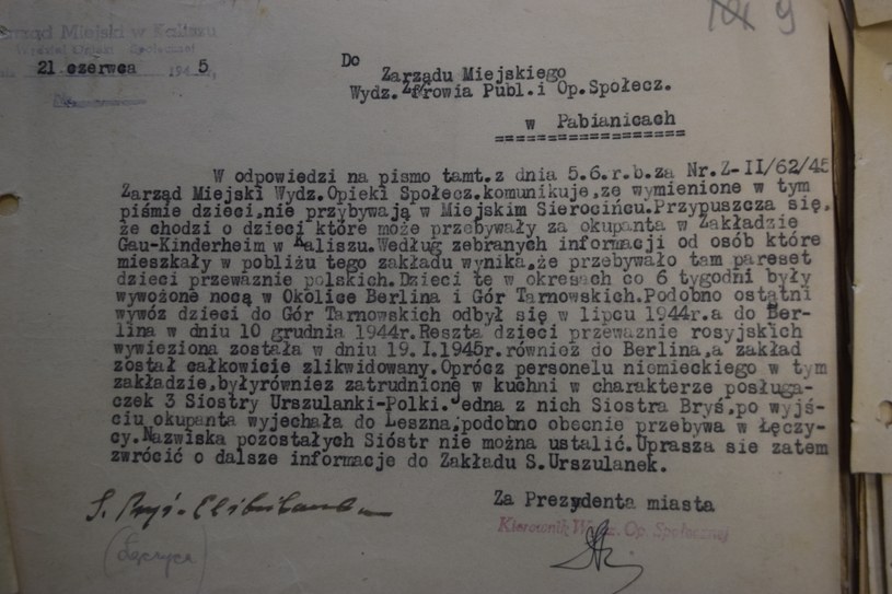 Gaukinderheim w Kaliszu. Przystanek-widmo dla zrabowanych dzieci Odpowiedź na psmo przysłane z Pabianic. Dokument znajduje się w Archiwum Państwowym w Kaliszu /Ewelina Karpińska-Morek /INTERIA.PL