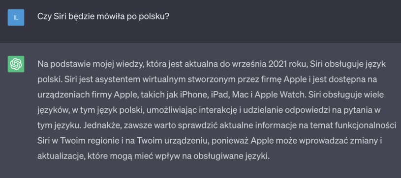 Odpowiedź na pytanie: "Czy Siri będzie mówiła po polsku?" /Zrzut ekranu/ChatGPT /materiał zewnętrzny