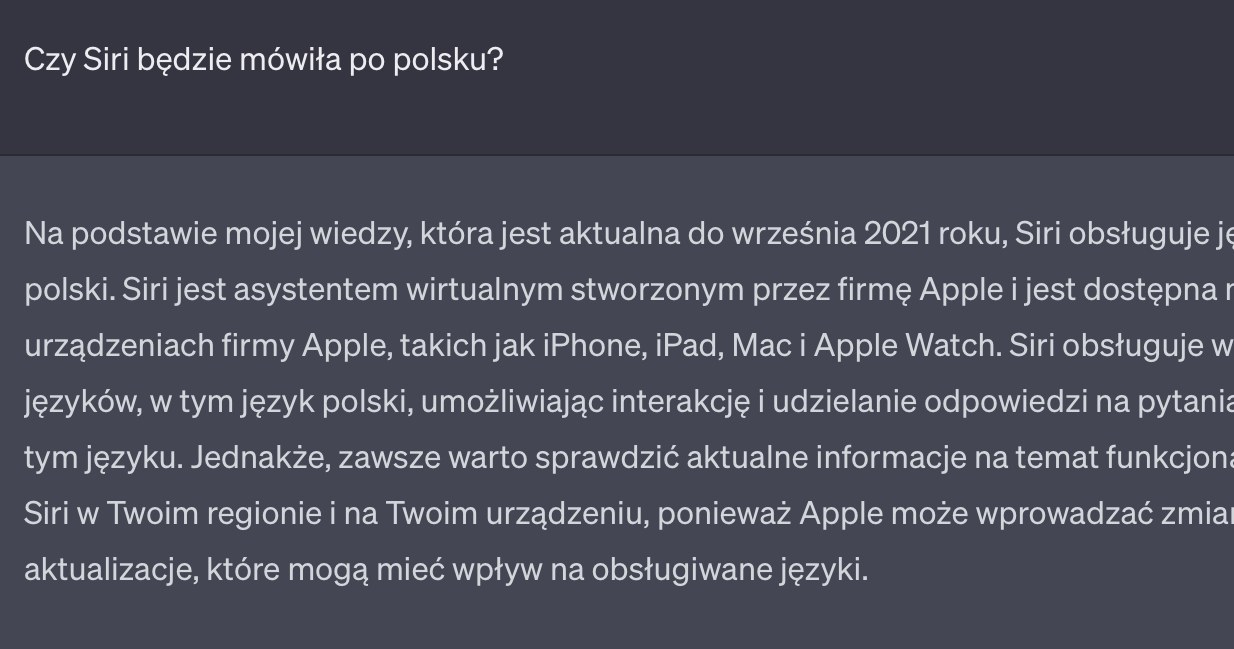 Odpowiedź na pytanie: "Czy Siri będzie mówiła po polsku?" /Zrzut ekranu/ChatGPT /materiał zewnętrzny