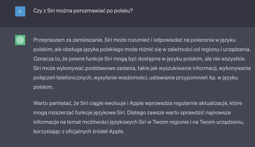 Odpowiedź na pytanie: "Czy z Siri można porozmawiać po polsku?" /Zrzut ekranu/ChatGPT /materiał zewnętrzny
