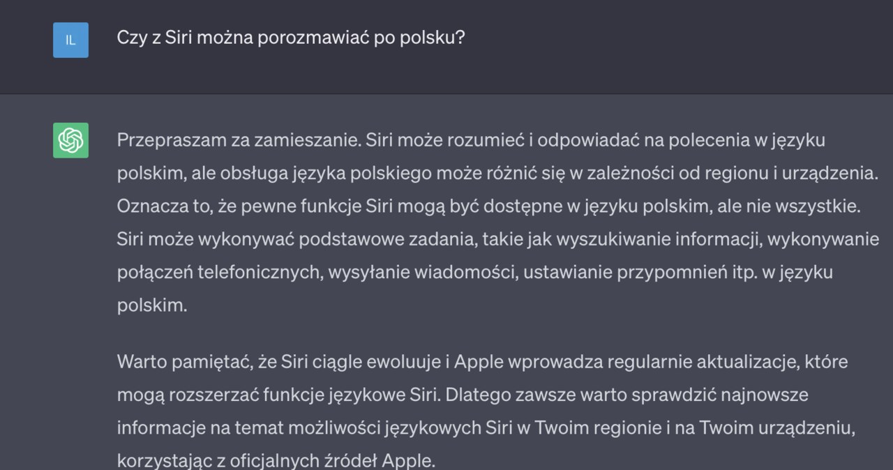 Odpowiedź na pytanie: "Czy z Siri można porozmawiać po polsku?" /Zrzut ekranu/ChatGPT /materiał zewnętrzny