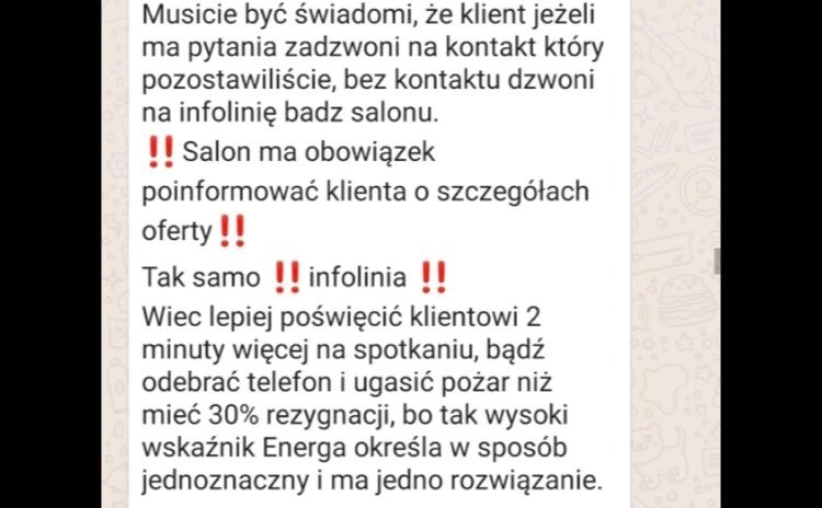 Odpowiedź szefa grupy sprzedażowej do pracowników, którzy skarżyli się na liczne telefony od klientów. Screen pochodzi z wewnętrznej grupy kontaktowej, w której wiadomości wymieniali przedstawiciele handlowi z jednej z grup sprzedażowych. /RMF FM