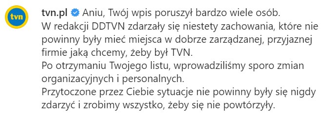 Odpowiedź TVN pod postem na Instagramie Anny Wendzikowskiej /@aniawendzikowska /Instagram