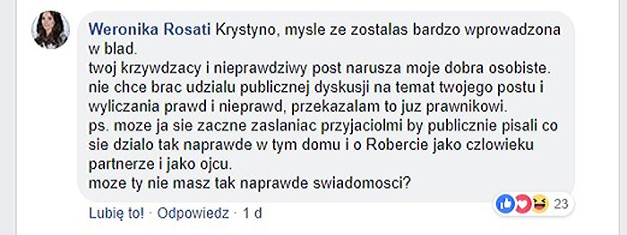 Odpowiedź Weroniki Rosati/ screen z Facebooka aktorki /materiały prasowe