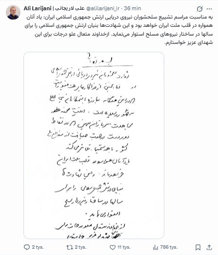 Odręczna notatka napisana rzekomo przez Alego Larijaniego, która została opublikowana po wiadomości Izraela o jego zabiciu /Screen: Ali Larijani - oficjalny profil na X /