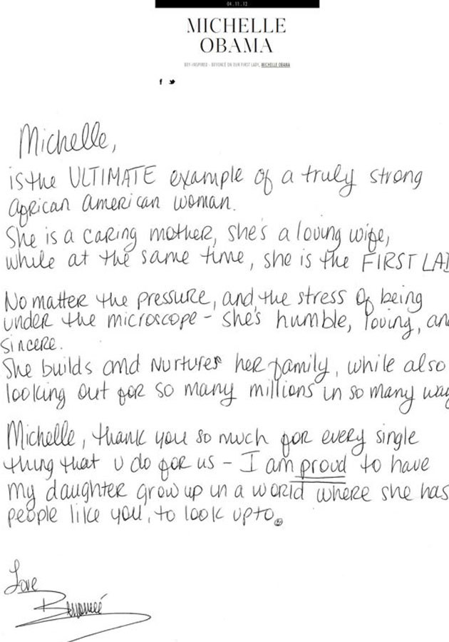 Odręcznie napisany przez Beyonce list do Michelle Obamy. Źródło: beyonce.com /materiały prasowe
