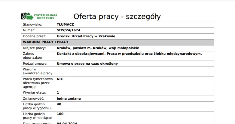 Oferta pracy na stanowisku tłumacza zamieszczona przez Grodzki Urząd Pracy w Krakowie. Źródło: oferty.praca.gov.pl /