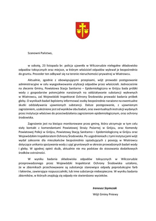 Oficjalna informacja Urzędu Gminy Pniewy dot. odnalezionych odpadów /materiały prasowe /