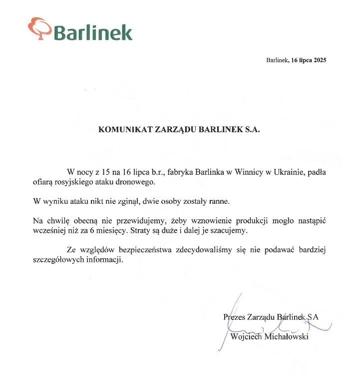 Oficjalny komunikat dotyczący ataku na fabrykę Barlinka w Winnicy /BARLINEK S.A. /RMF FM
