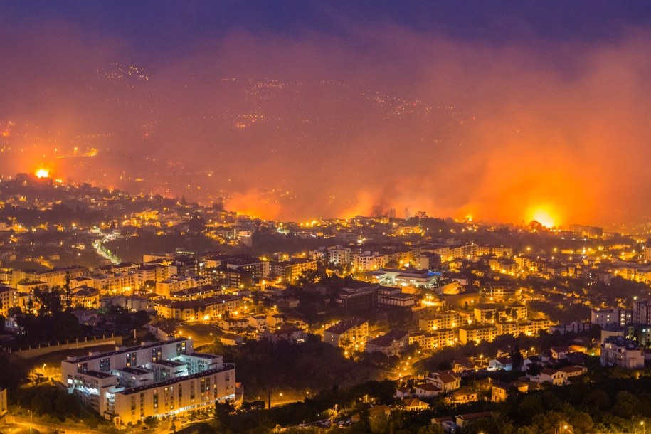 Ogień w Funchal widziany nocą z pobliskiego wzgórza /GREGÓRIO CUNHA  /PAP/EPA