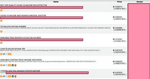 Ogłoszenia dotyczące sprzedaży szczepionek w Darknecie. Fot. Check Point