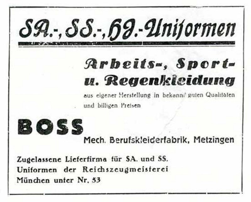 Ogłoszenie w gazecie o mundurach dla SA, SS oraz Hitlerjugend szytych przez Hugo Bossa (1933) /domena publiczna