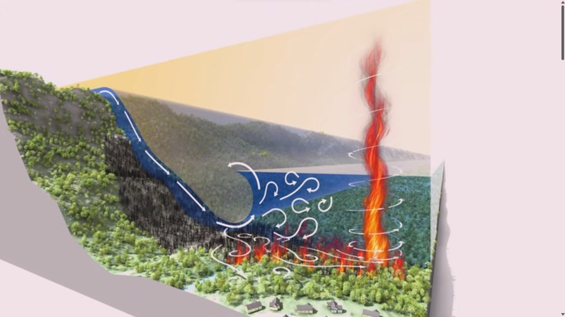 Ogniste tornado może powstać, gdy wiatr znad Oceanu pokonuje barierę górską i uderza w ogień /Scientific American /YouTube