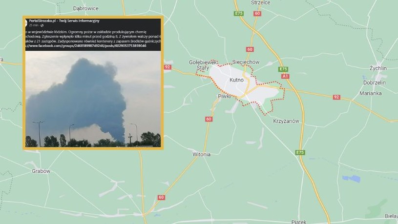 Ogromny pożar fabryki w Kutnie /Mapy Google / Facebook; portalstrazaka /