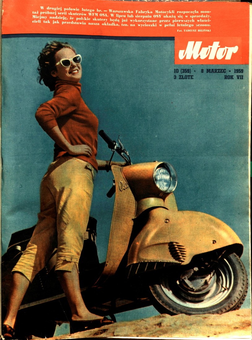 Okładka tygodnika „Motor” z marca 1959 roku. Tekst u góry strony informuje o rozpoczęciu produkcji krajowych skuterów Osa /Archiwum Tomasza Szczerbickiego