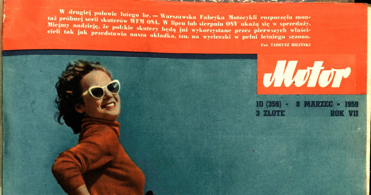 Okładka tygodnika „Motor” z marca 1959 roku. Tekst u góry strony informuje o rozpoczęciu produkcji krajowych skuterów OSA /Archiwum Tomasza Szczerbickiego