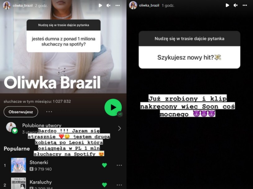 Oliwka Brazil ma ponad milion odsłuchań w miesiącu na Spotify /@oliwka_brazil /Instagram