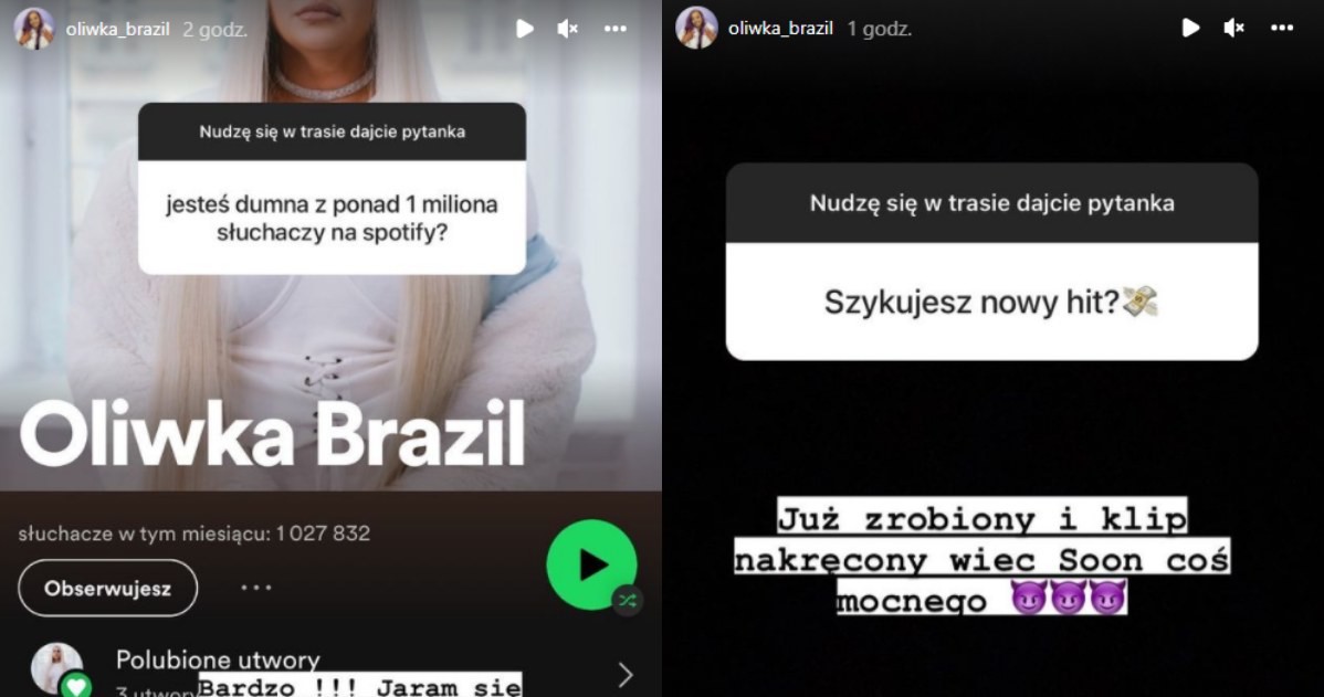 Oliwka Brazil ma ponad milion odsłuchań w miesiącu na Spotify /@oliwka_brazil /Instagram